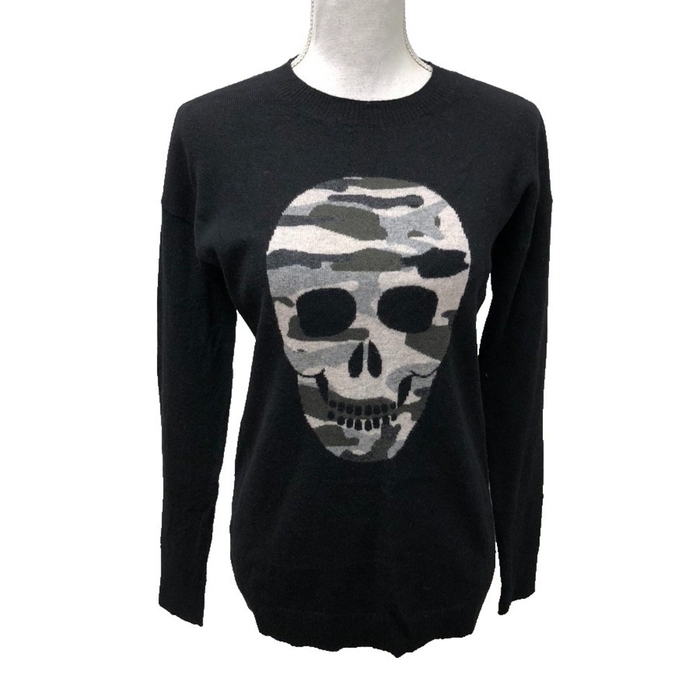 Aqua Cashmere Sweater Jumper Womens Small Black Skull Print Camo Crew‎ Neck Goth